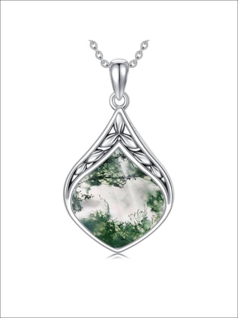 Teardrop Moss Agate Necklace 925 Sterling Silver Pendant Women's Jewelry